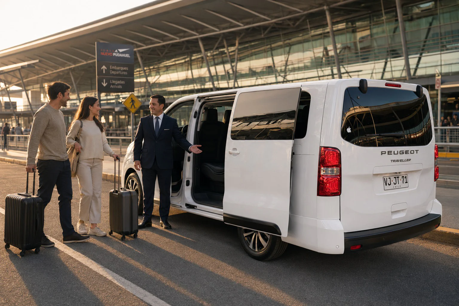 Peugeot Traveller blanco de GIANECTOUR en el Aeropuerto de Santiago